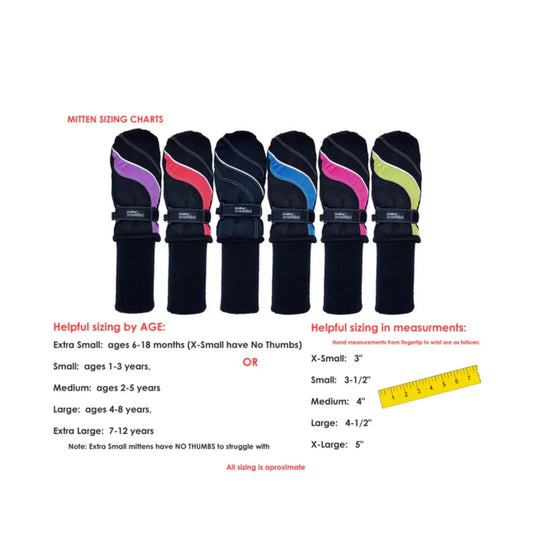 Black kids' mittens sizing chart with six mittens in different accent colors and age and measurement guides