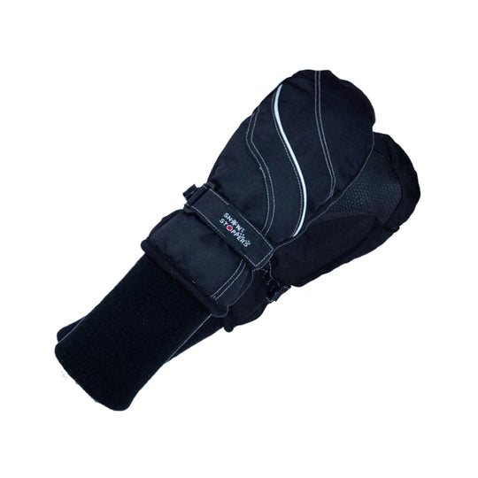 Black insulated winter mitten with white stitching and wrist strap