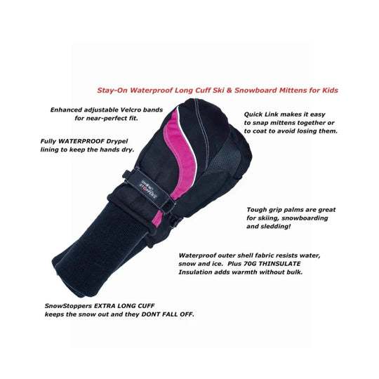 Black and pink long-cuff kids' ski mitten with adjustable wrist strap and textured grip palm