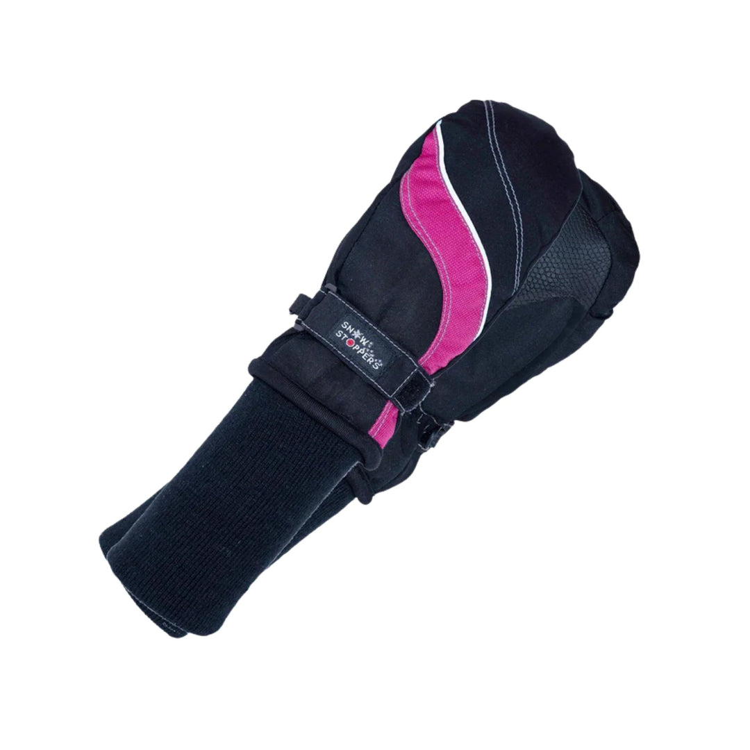 Black kids' winter mitten with pink side panel and wrist strap