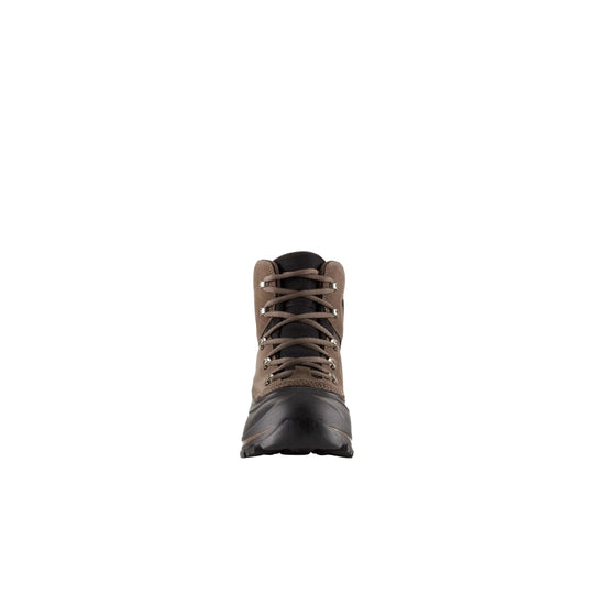 Brown and black lace-up hiking boot with a rugged rubber sole, front view