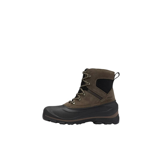 Brown and black lace-up winter boot with a rubber shell sole, side mesh panels, and rear pull loop