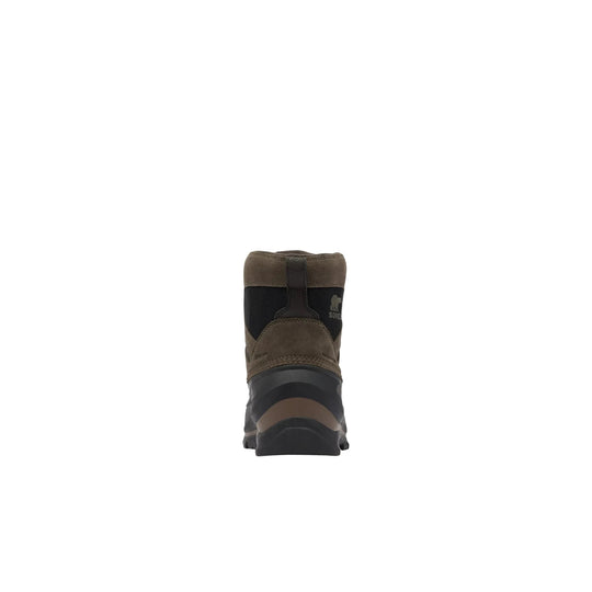 Brown and black insulated winter boot shown from the back with a Sorel logo on the side