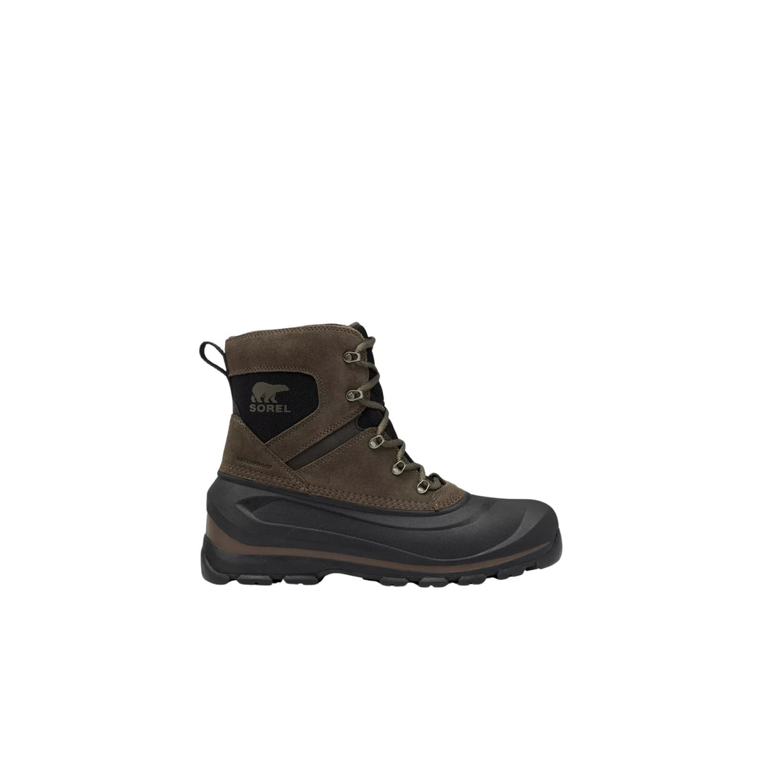 Brown and black lace-up winter boot with rubber toe cap and side logo