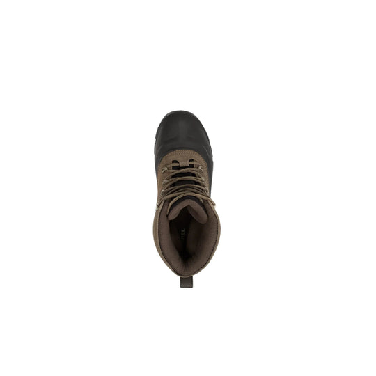 Top view of a brown and black lace-up winter boot with a rubber toe cap