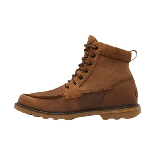 Brown lace-up moc-toe boot with a canvas shaft and rubber sole