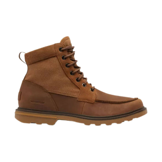Brown lace-up waterproof work boot with moc-toe stitching and gum sole, side view