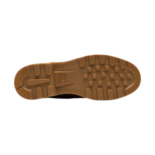 Tan rubber boot sole with Sorel logo and circular tread lugs