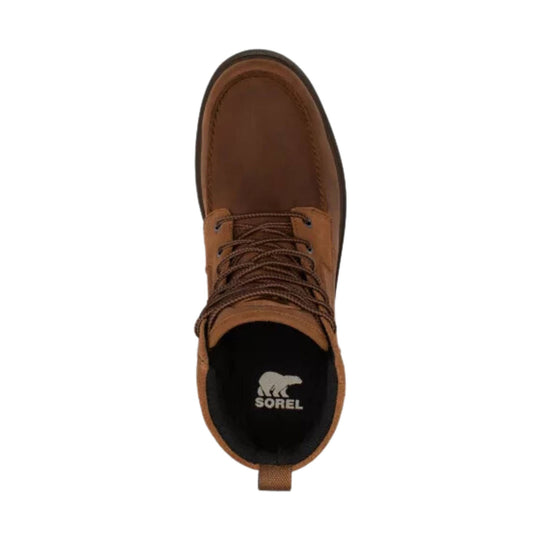 Brown lace-up moc-toe boot with a black sole and visible SOREL logo inside