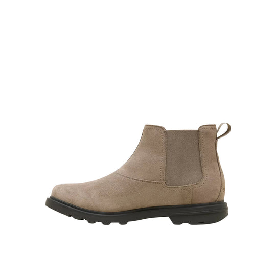 Taupe suede Chelsea boot with elastic side panel, pull tab, and black lug sole, side view