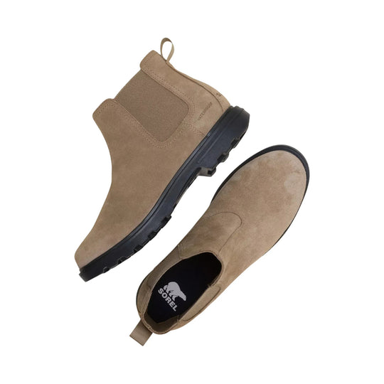 Taupe suede Chelsea boots with black lug soles, shown in side and top views