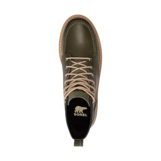 Olive lace-up boot with tan outsole and black heel collar, top view