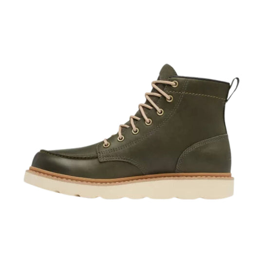 Olive leather lace-up ankle boot with a cream lug sole