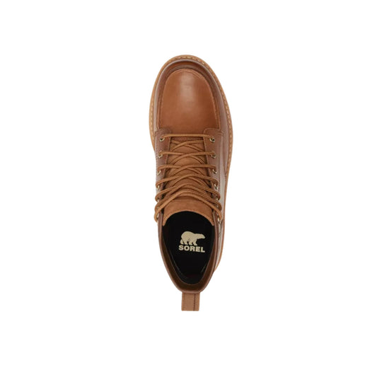 Brown lace-up leather boot seen from above, with Sorel logo on the insole