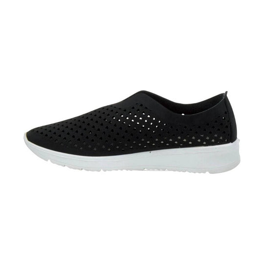 Black slip-on shoe with perforated upper and white sole, side view