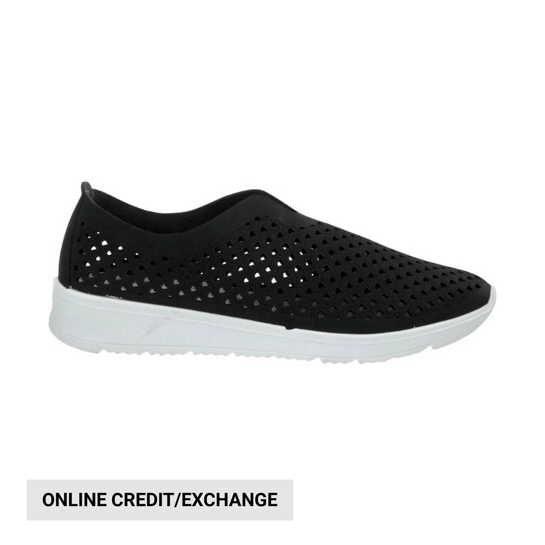 Black slip-on sneaker with perforated upper and thick white sole