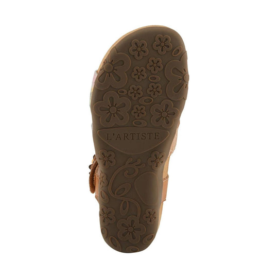 Brown sandal sole with floral tread pattern and L'ARTISTE branding