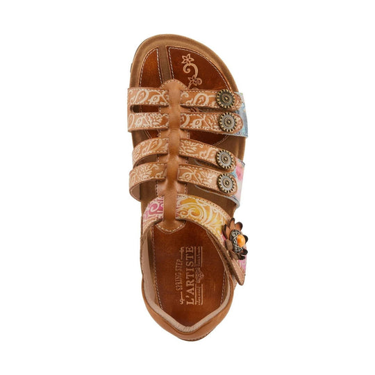 Camel brown multi-strap sandal with patterned straps and floral side detail