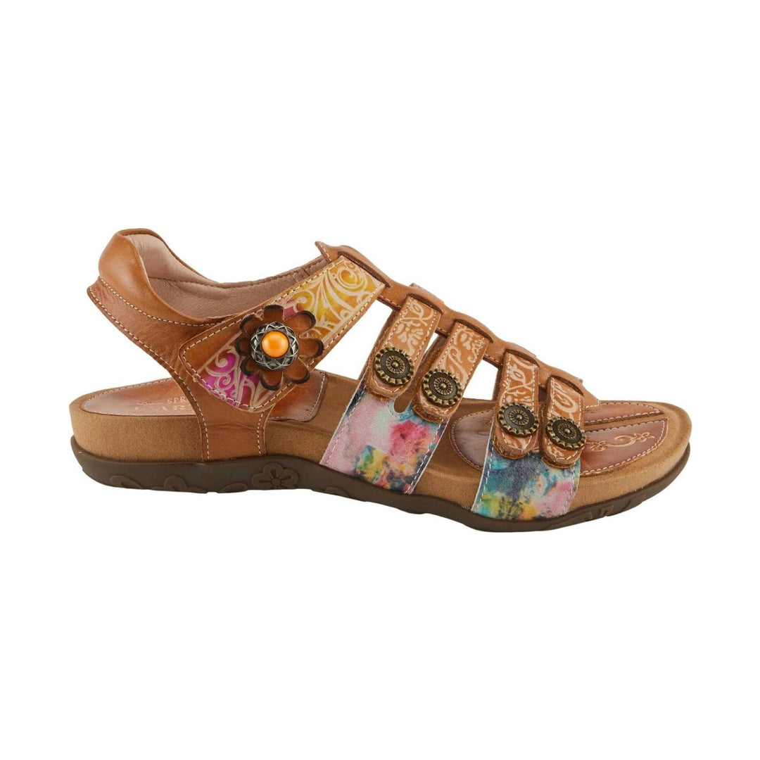 Brown strappy sandal with floral and multicolor patterned straps