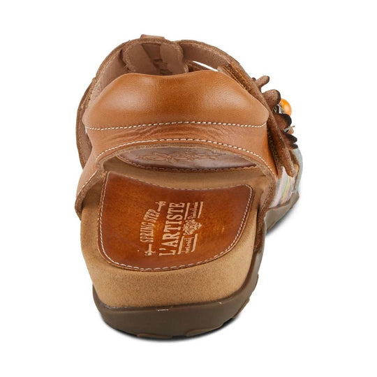 Brown leather sandal seen from the back with stitched heel cup and tan footbed
