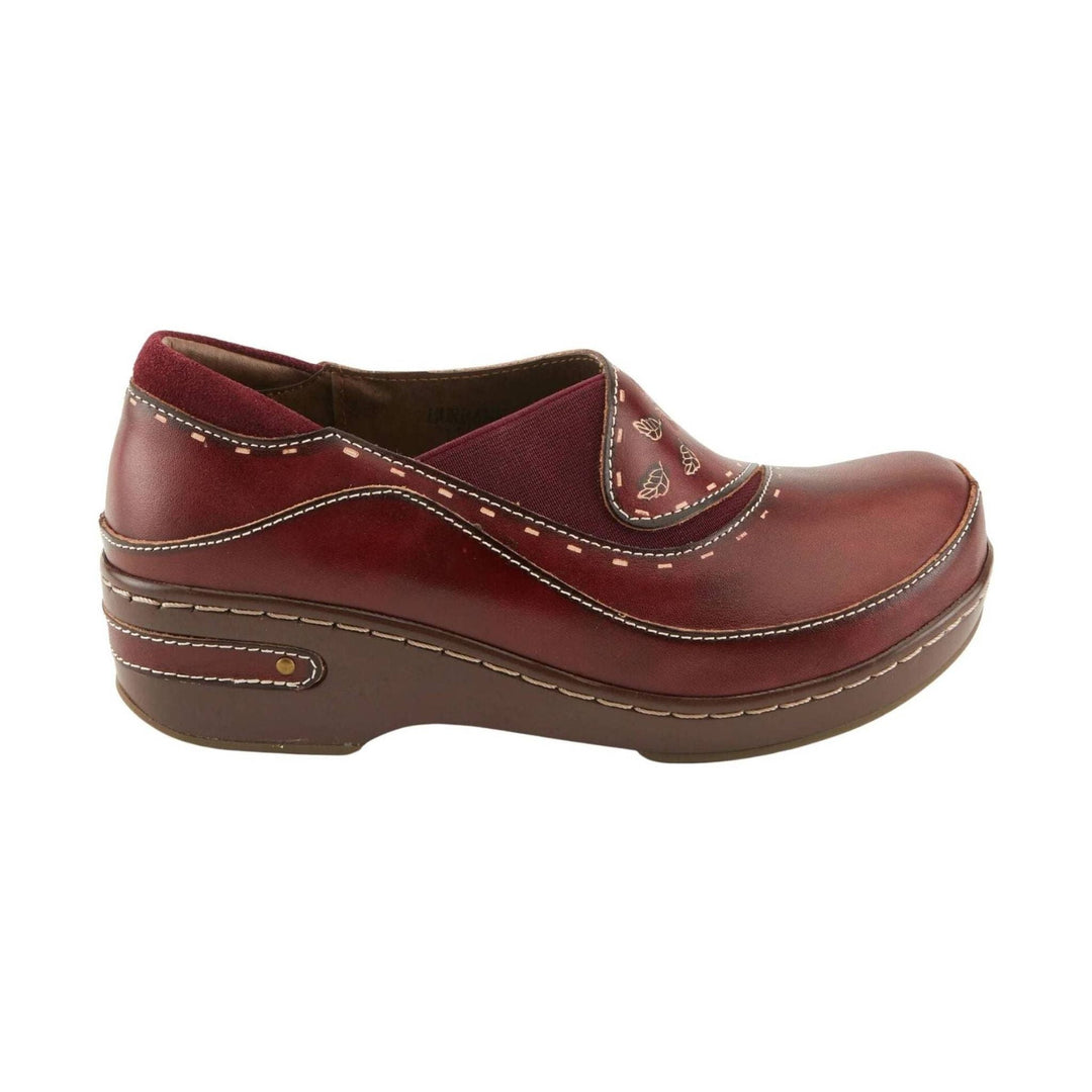 Burgundy leather clog with stitched trim, floral cutout details, and a brown platform sole