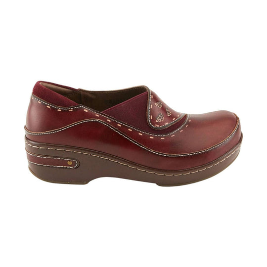 Burgundy leather clog with stitched trim, floral cutout details, and a brown platform sole