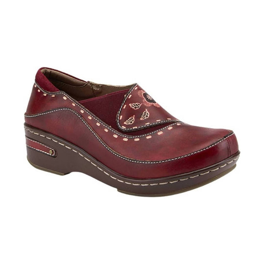 Burgundy closed-toe wedge clog with stitched trim and floral vamp pattern