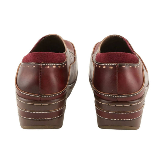 Back view of burgundy leather clogs with stacked heels and white stitching