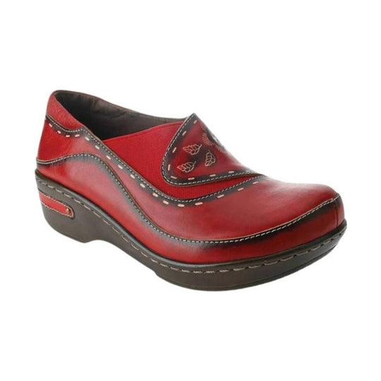 Red slip-on clog with black wedge sole and stitched trim