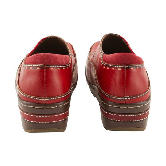 Red leather clogs with back heels, stitched trim, and dark brown platform soles