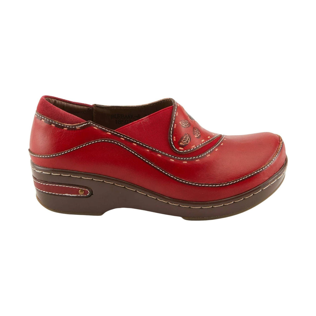Red slip-on clog with stitched brown platform sole and decorative leaf detail