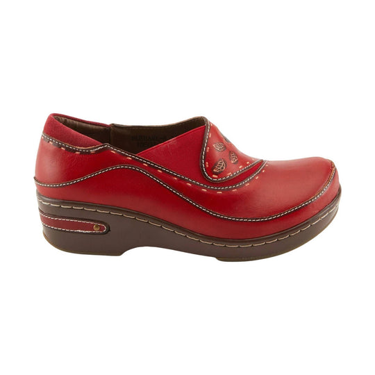 Red slip-on clog with stitched brown platform sole and decorative leaf detail