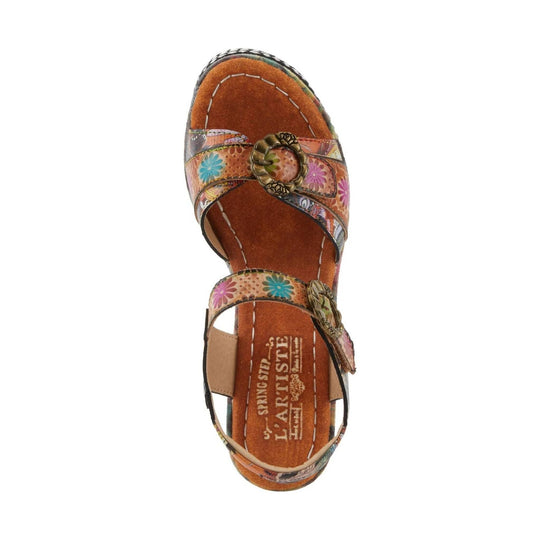 Floral-print sandal with buckle detail and brown footbed, top view