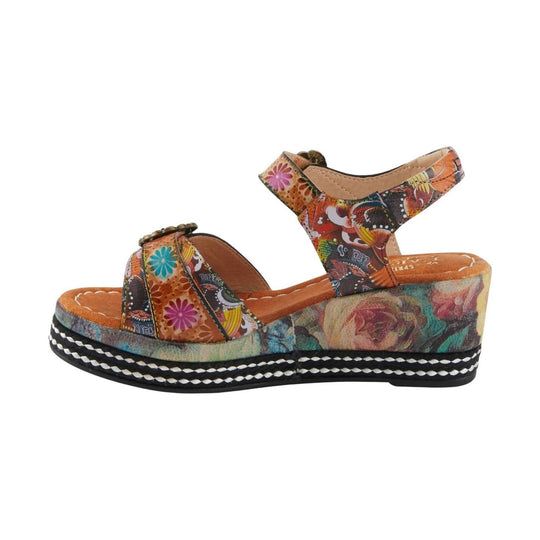 Multicolor wedge sandal with floral print straps and a braided black-and-white sole