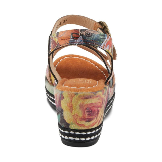Multicolor wedge sandal with floral print straps and braided black-and-white platform trim, rear view
