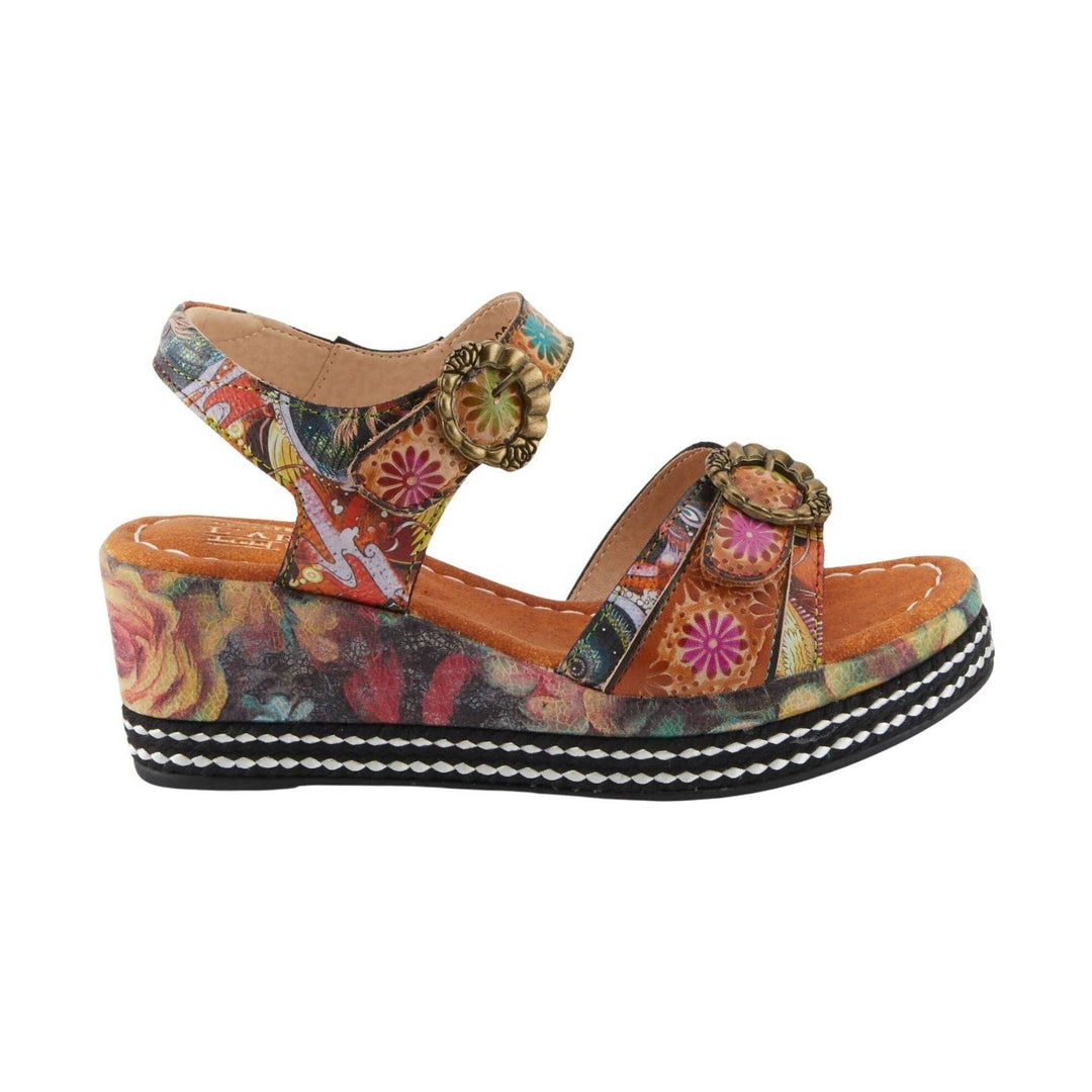Multicolor floral wedge sandal with braided trim and two buckled straps