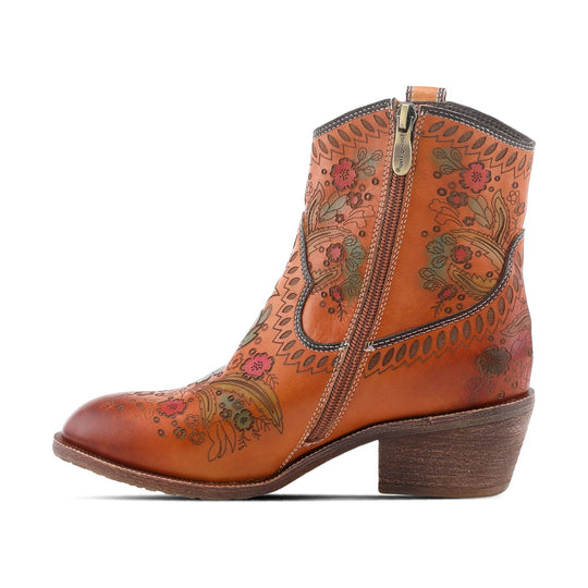 Camel leather ankle boot with floral embossed pattern, side zipper, and stacked heel