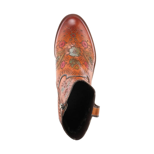 Camel embroidered cowboy boot with floral pattern and side zipper