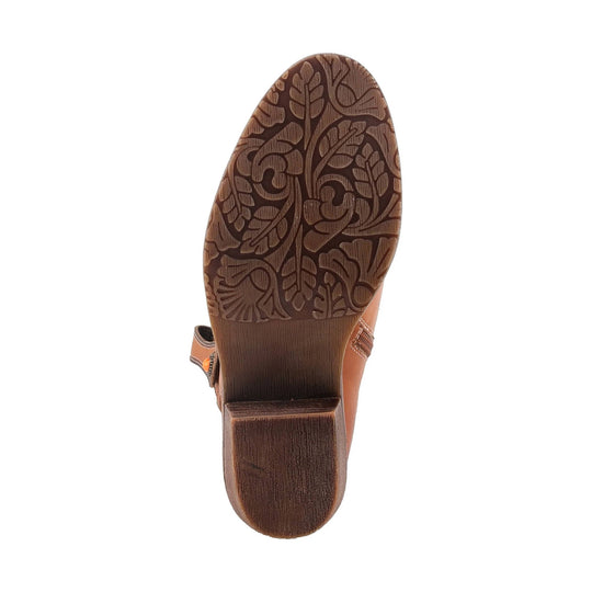 Brown heeled boot with embossed floral-pattern sole, shown from the bottom