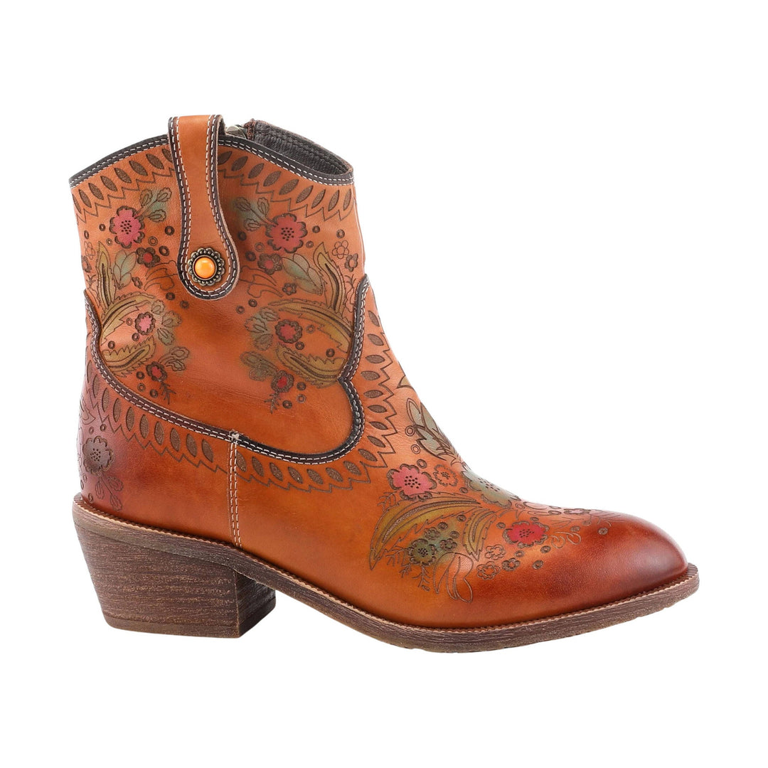 Tan floral-embossed ankle boot with pointed toe, stacked heel, and side pull tab