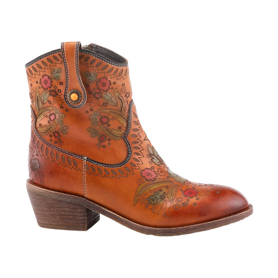 Tan floral-embossed ankle boot with pointed toe, stacked heel, and side pull tab