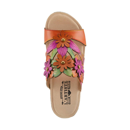 Tan sandal with orange straps and colorful floral embellishments