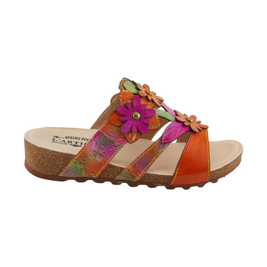 Multicolor floral wedge slide sandal with leather straps and cork-look sole