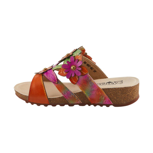 Colorful floral wedge sandal with multicolor straps and cork-style platform sole
