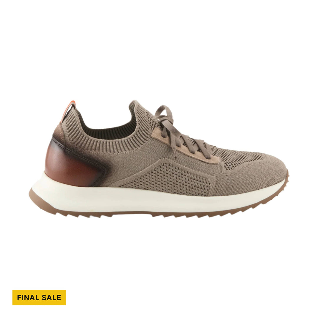 Taupe knit athletic sneaker with white platform sole and brown heel accent, shown in side view