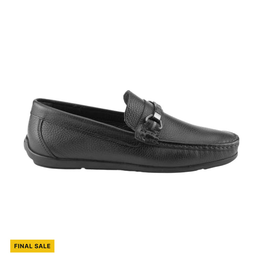 Black leather moccasin-style loafer with a decorative metal strap and textured upper, side view