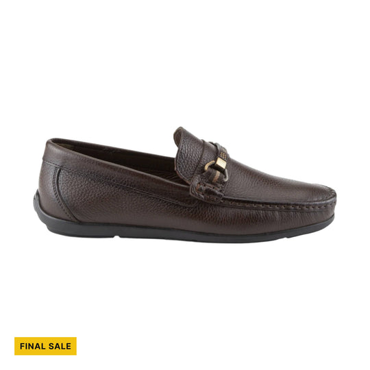 Brown leather men’s loafer with a metal buckle detail and black sole, labeled FINAL SALE