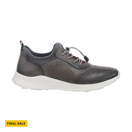 Grey low-top sneaker with perforated upper, bungee laces, and thick white sole