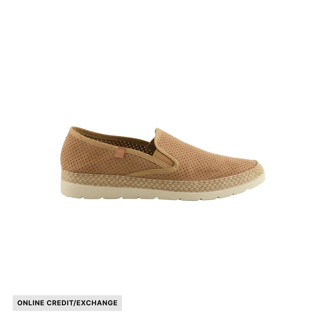 Tan perforated slip-on shoe with a woven jute-look platform sole