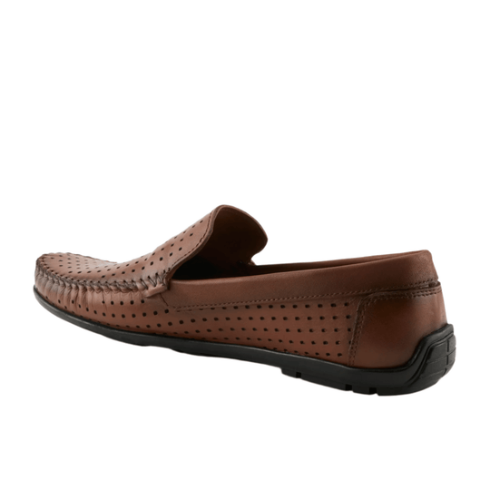 Brown perforated leather loafer with a moc toe and black sole, shown in side view
